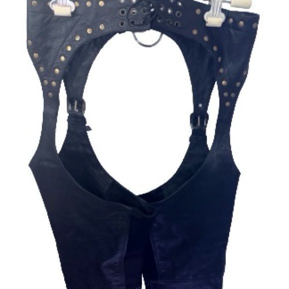 Fieldsheer Sz M Women W32-40” Studded Black Leather Chaps Mesh Lined ~28” Inseam - Picture 3 of 7